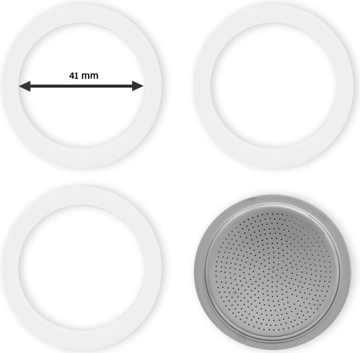 Bialetti Zilver - Set Filterplaatje Aluminium 41Mm - Inclusief 3 Rubber Ringen (Binnenmaat 41Mm)