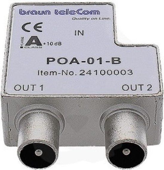 Braun Telecom Coax Splitter - 2-wegs - Vrouwelijk Naar 2x Mannelijk - Zilver