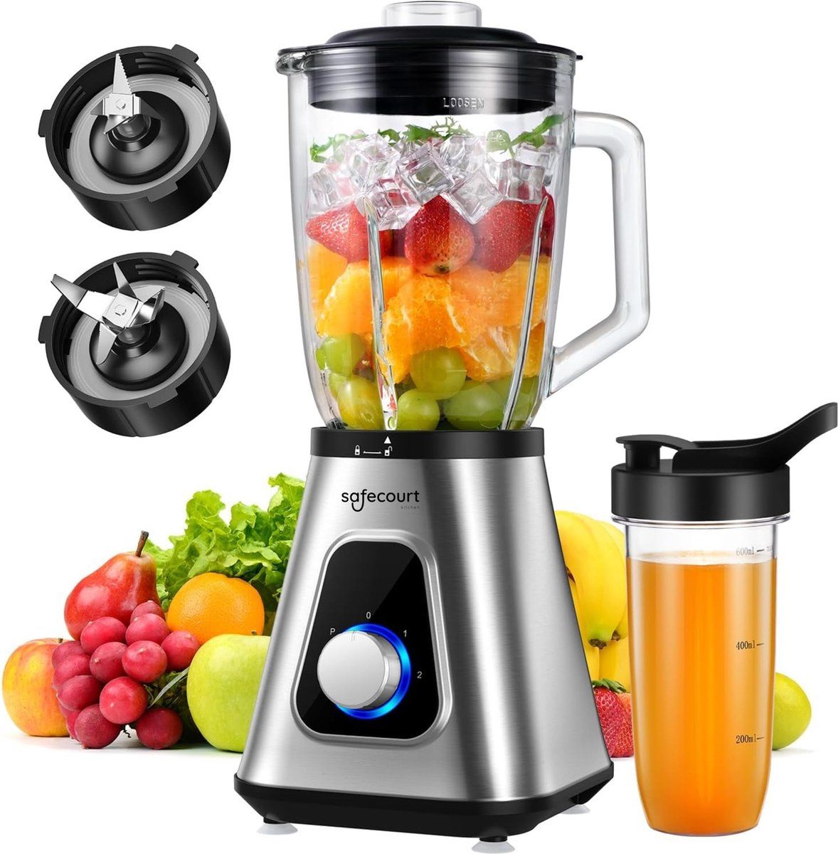 Safecourt Blender - 1, 5L Glas & 600ml To-Go Beker - 1200W Krachtig & Stil - Rvs