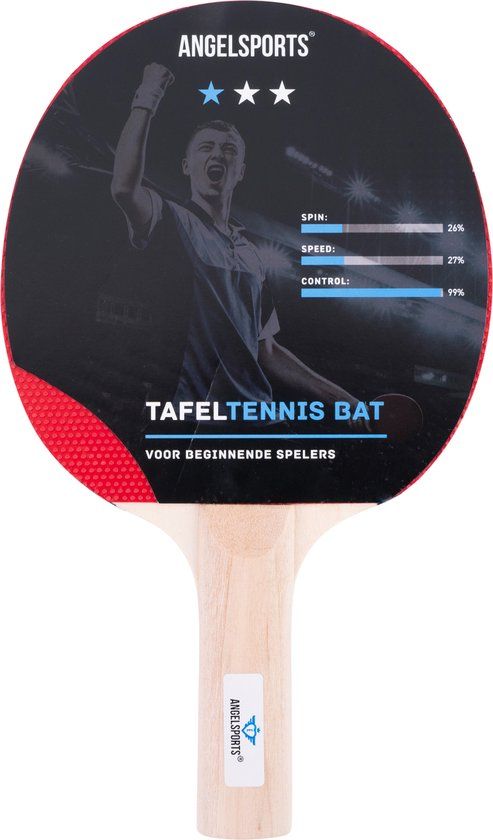 Longfield Tafeltennisbat 1 Ster - Recreatief - Recht Houten Handvat - Nopjesrubber - Plywood - Zwart Blank Rood