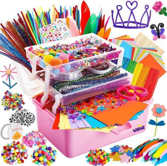 Vaive Knutselkoffer 1432-delig - Creatieve Knutselset - Kralen Veren Pompons Wiebeloogjes - Roze