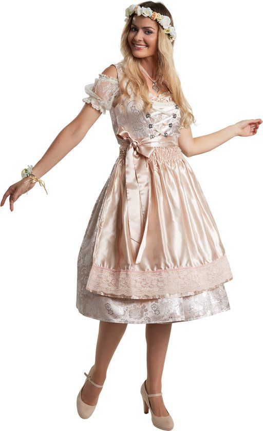 Dressforfun Midi-Dirndl Traunstein 2 Xl - Verkleedkostuum - Ruches En Strass-steentjes - Beige En Zilver