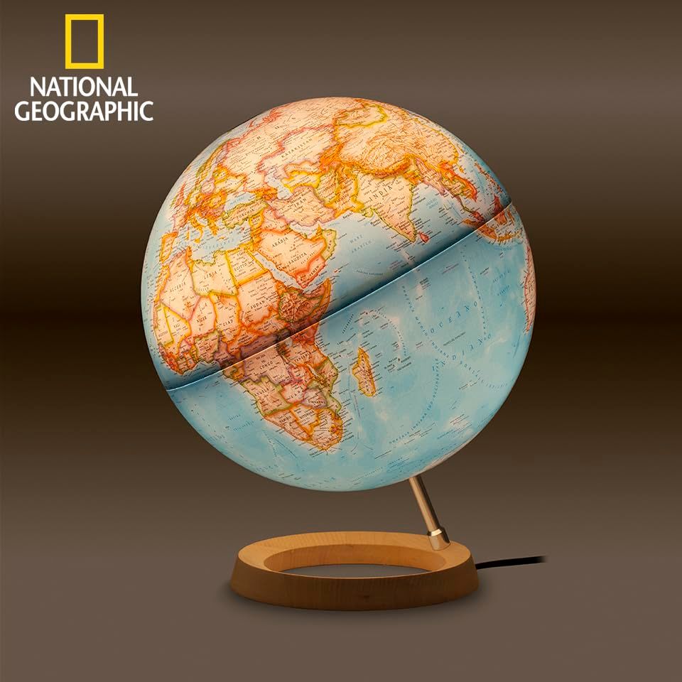 National Geographic Globus Neon Classic blauwe wijzerplaat, esdoorn/aluminium, 30 cm, verlicht