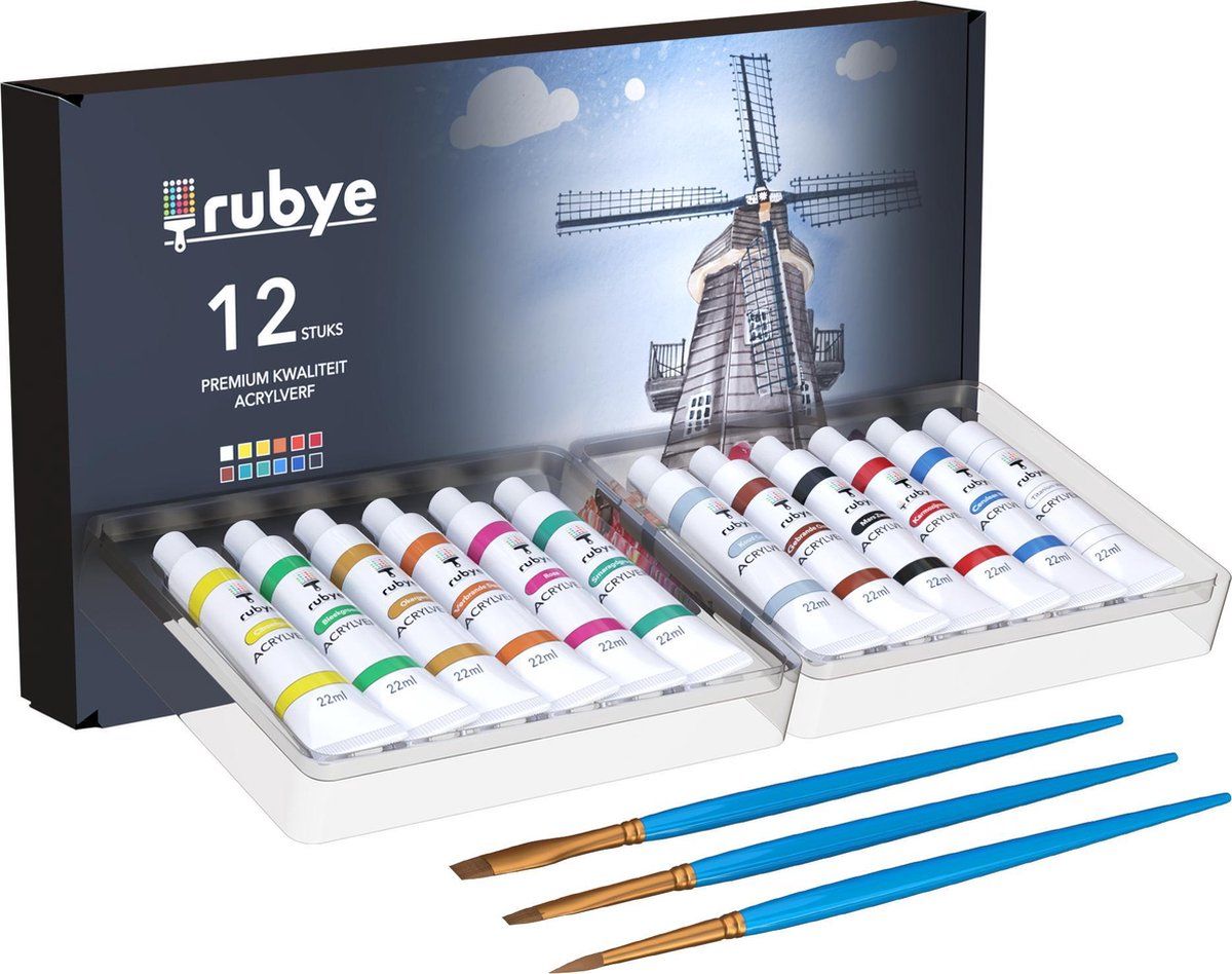Rubye® Acrylverf - Set Van 12 Kleuren - 22ML Tubes - Hobby En Creatief (12 Stuks)