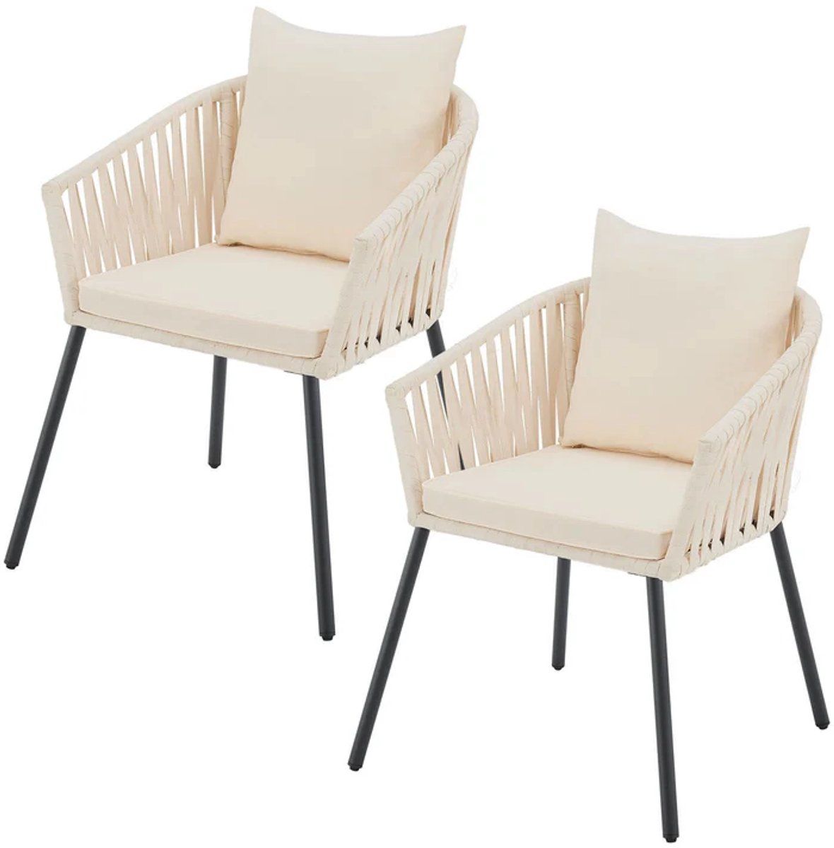Juskys Touwstoelen - Tuinstoel - Set Van 2 - Incl. Zit- En Rugkussens - Beige (2 Stuks)