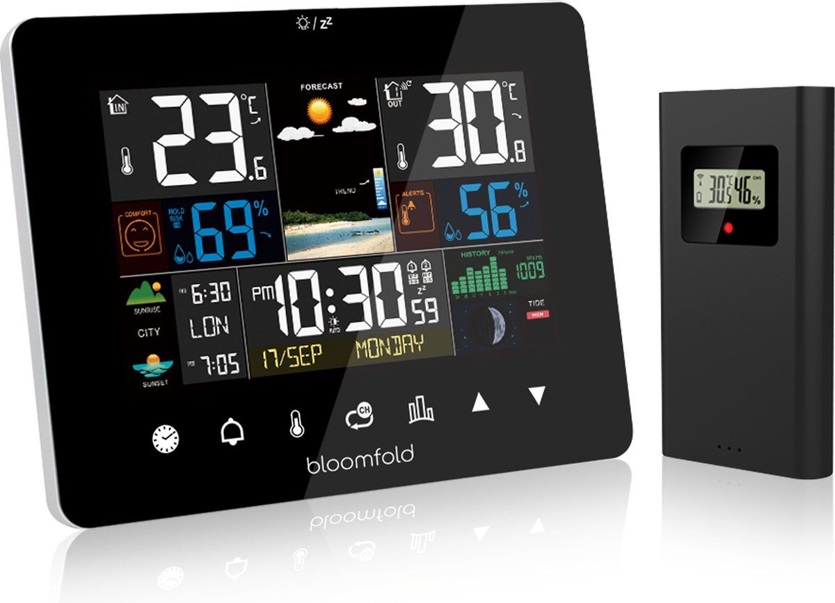 Bloomfold Weerstation - Hygrometer - Luchtvochtigheidsmeter - Thermometer Voor Binnen - Weersvoorspelling - Datum&Klok