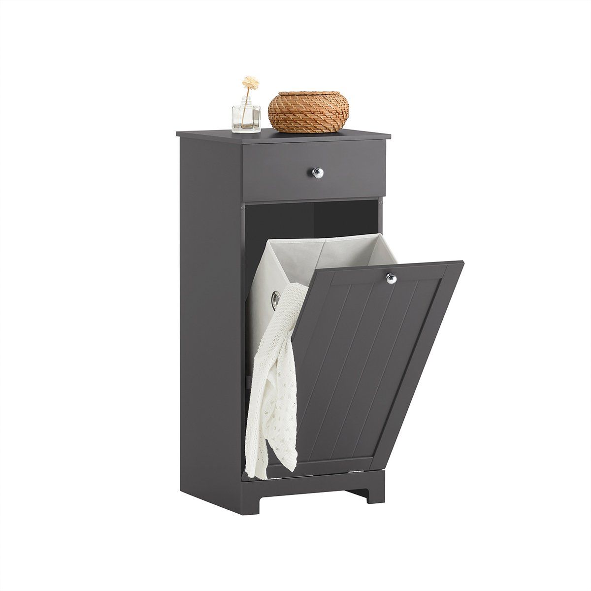 SoBuy BZR21-Dg - Badkamerkast - 1 Lade En Opvouwbare Wasmand - Grijs 40x38x90 Cm
