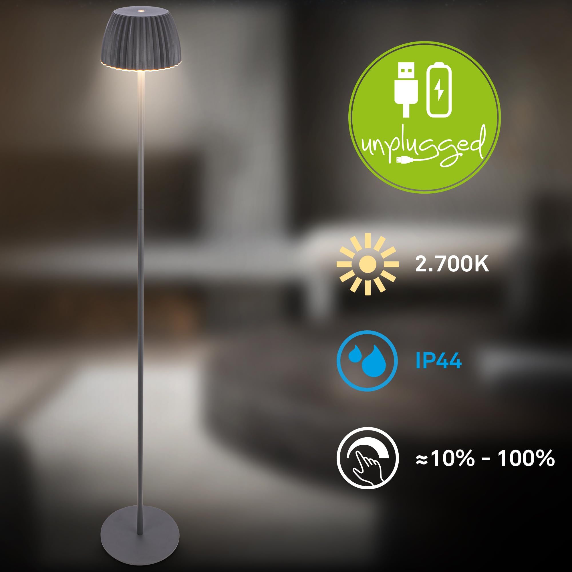 Merkloos Briloner - Riffle Led Vloerlamp Snoerloos IP44 Met Touch, 19x124 Cm, Dimbaar, Memory-functie, Oplaadbare Batterij, Oplaadbare Vloerlamp, Leeslamp,