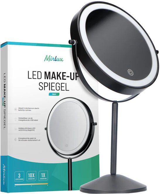 Mirlux Make-Up Spiegel Met Led-Verlichting– 10x Vergroting – 3 Lichtstanden – Dimbare Spiegel Met