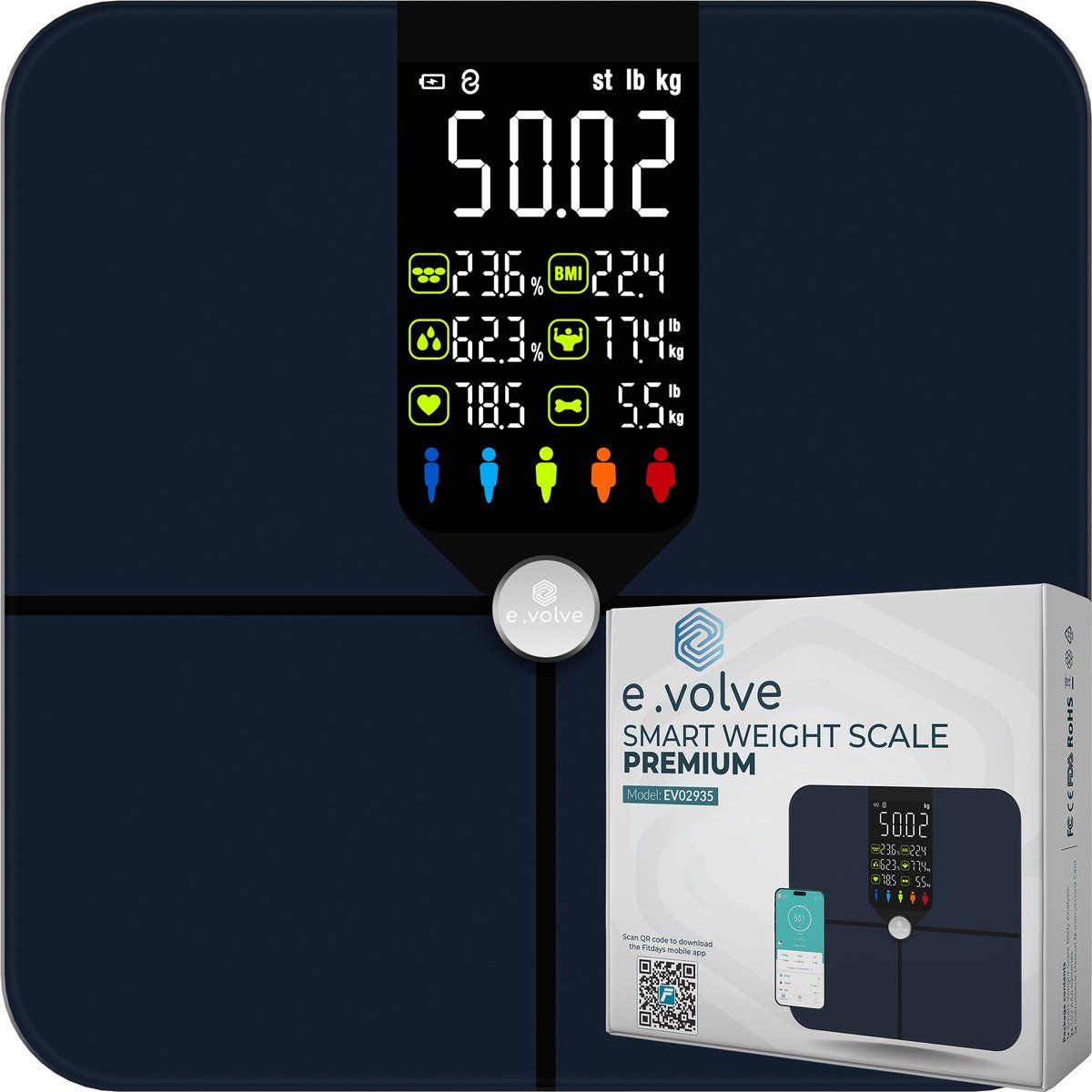 e.volve Weegschaal - Digitale Personenweegschaal met 22x Lichaamsanalyse - Zwart