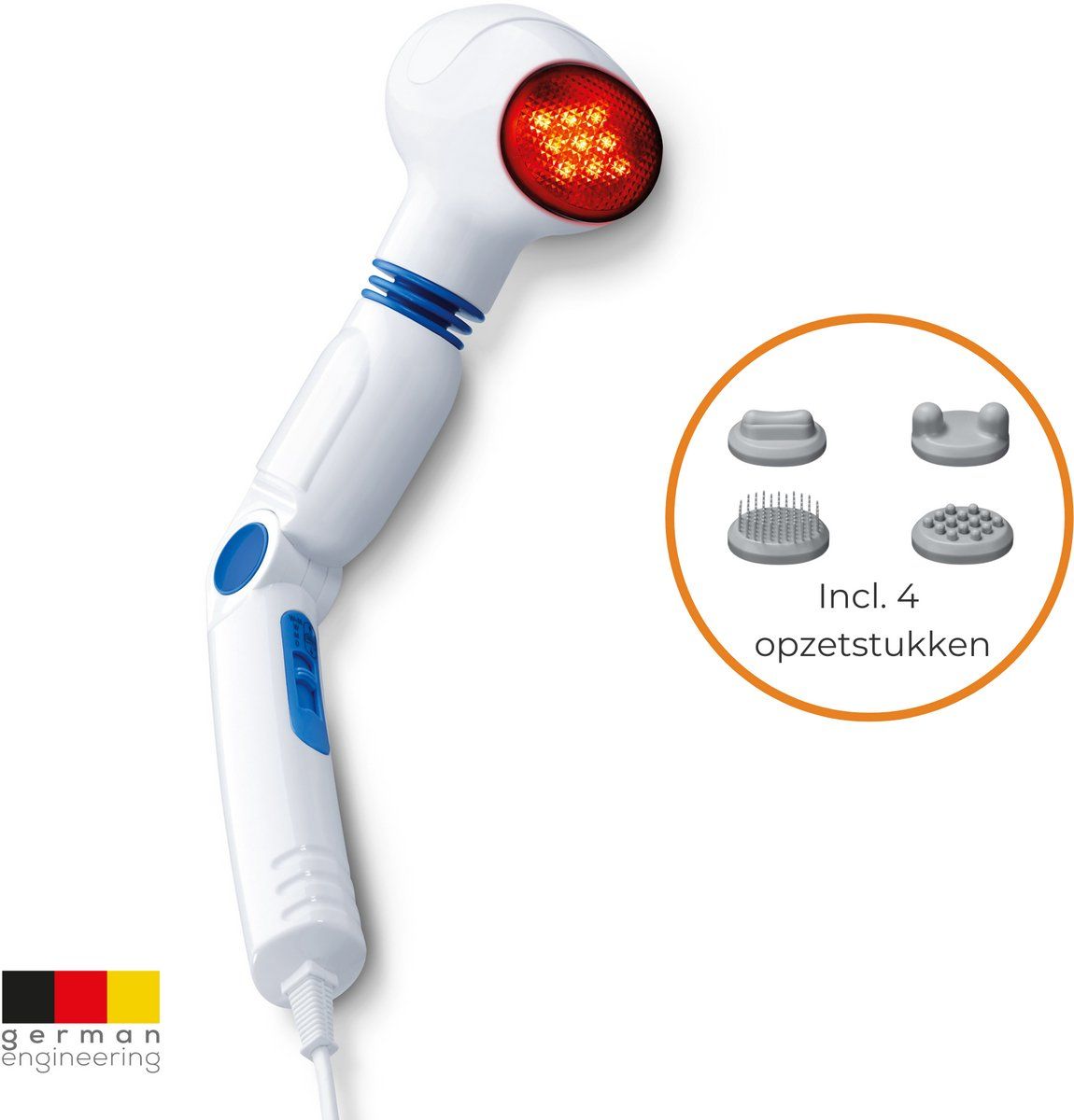 Infraroodwarmte | Incl. 4 Opzetstukken | 3-in-1 | Verstelbare handgreep | Wit,blauw