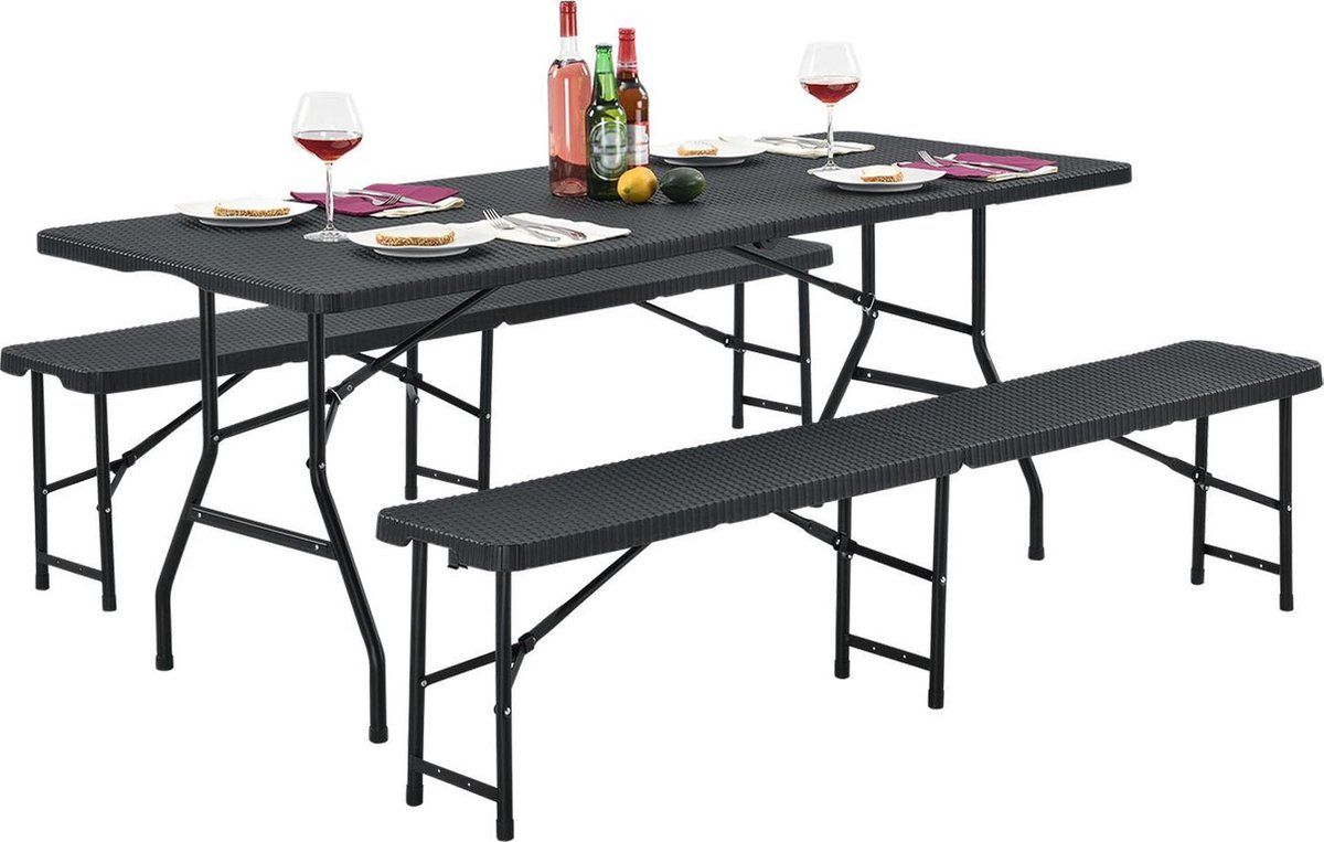 Merkloos - Biertafel 3-delig - Kunststof En Rotan - Zwart