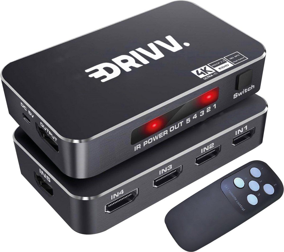 Drivv. Hdmi Switch 5 Poorts - 4K 60Hz - Afstandsbediening - Automatisch Schakelen - Zwart