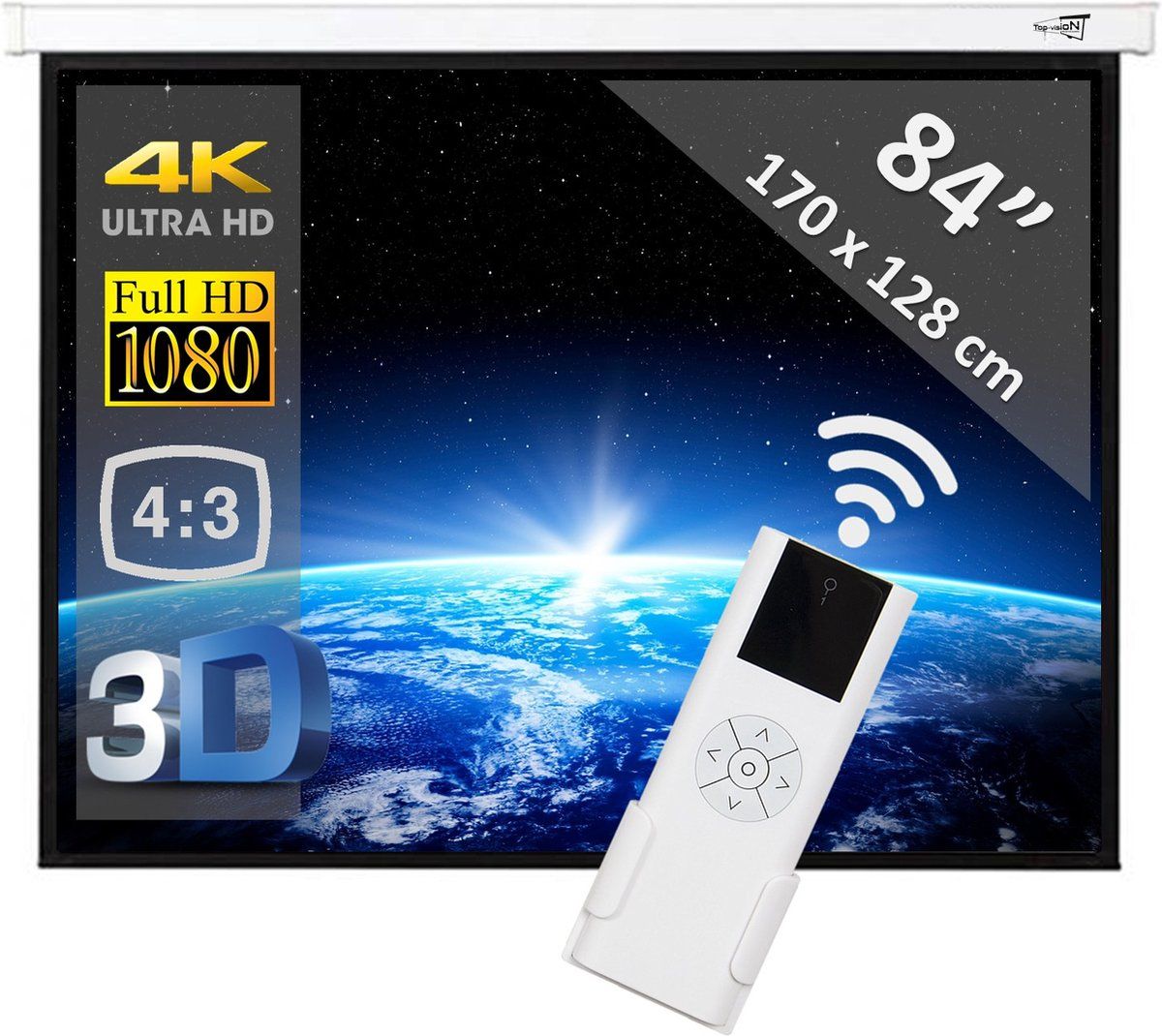 Top-Vision Elektrisch Projectiescherm 84"- 4:3 - Afstandsbediening - Wit