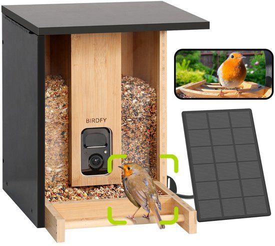 Birdfy Feeder Bamboo - Vogelhuisje Met Camera - 1080p Hd Ai-Herkenning Kleur-Nachtzicht - Duurzaam Bamboe Design