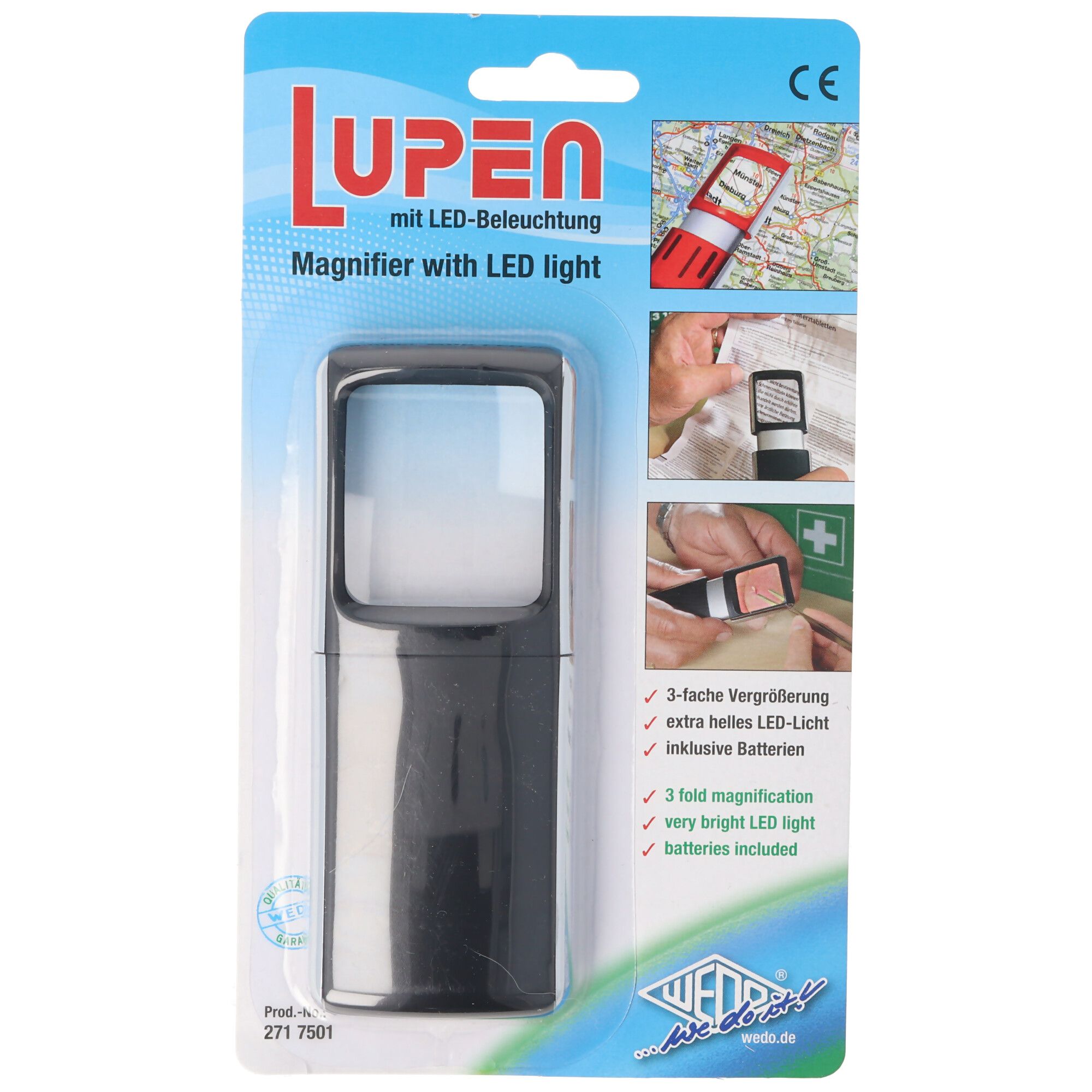 Vergrootglas met LED-verlichting en 3x vergroting, kleur zwart