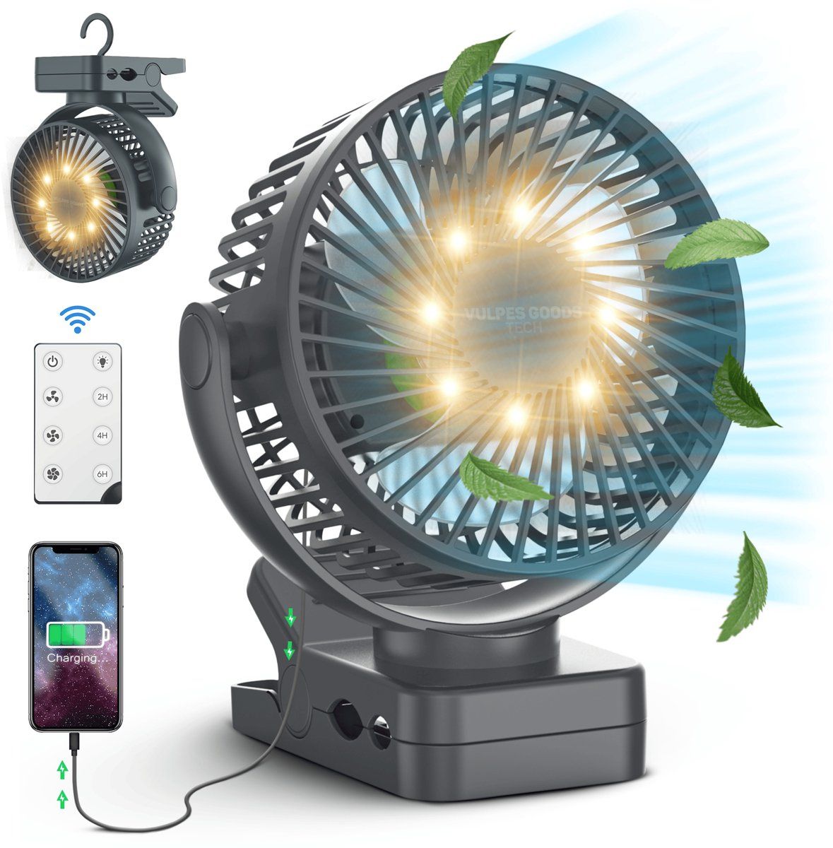 Vulpes Goods® Tech - Mini Usb Ventilator Pro - Oplaadbare Tafelventilator Met Afstandsbediening - 3 Snelheden & Verlichting - 12000 MAh - Premium
