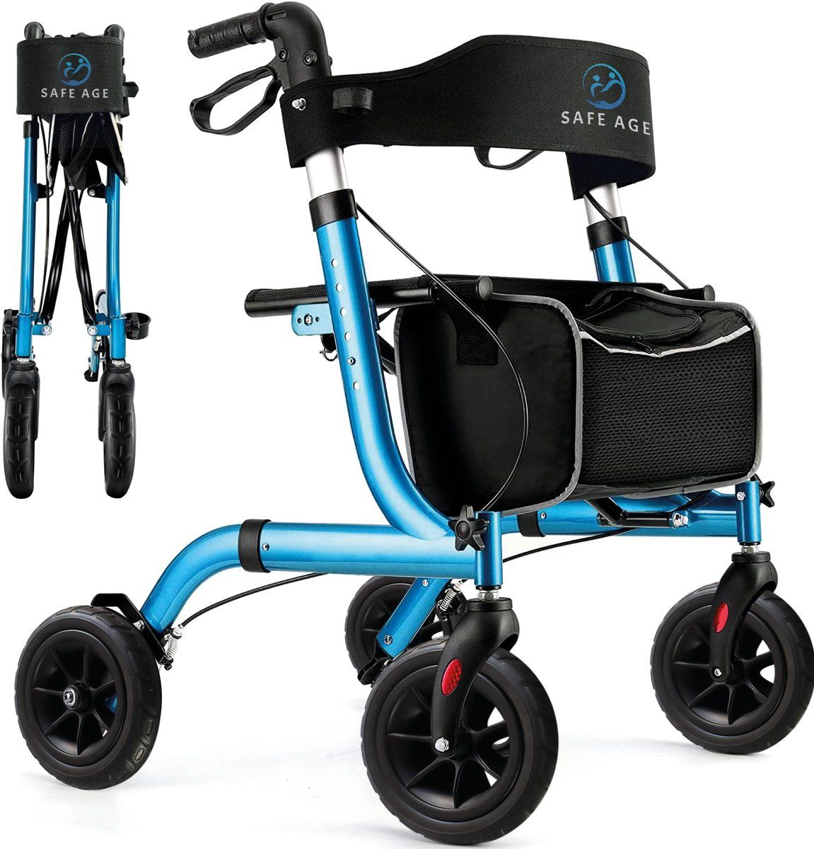 Safe Age® Rollator - Lichtgewicht opvouwbaar - Gevoerde zitting met rugleuning - Blauw