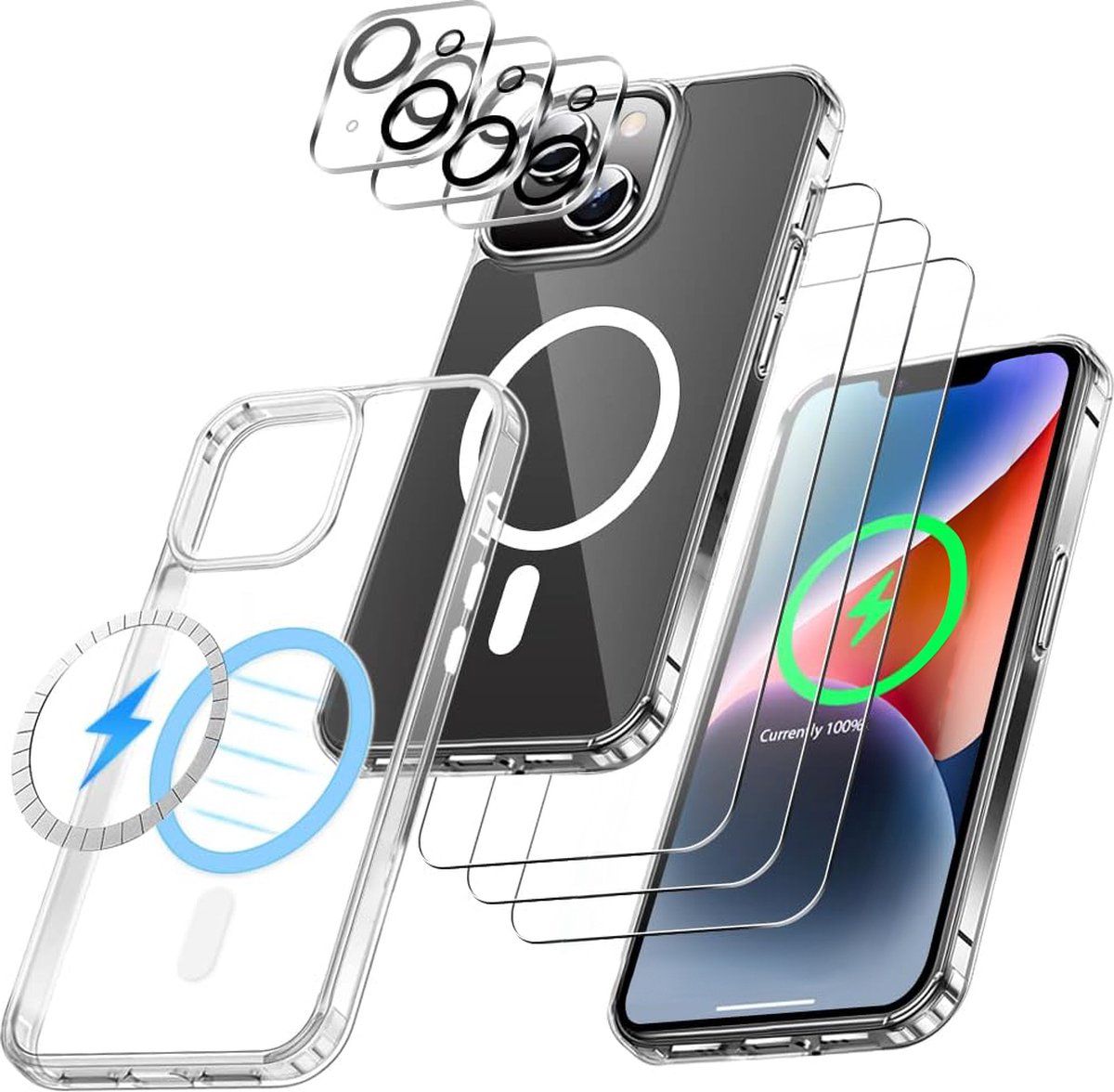 Podec IPhone 14 - Magsafe Hoesje - Bundel Met 3x Screenprotector En 3x Cameraprotector - Doorzichtig
