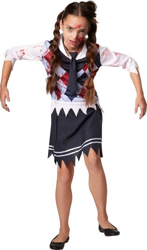 Dressforfun Griezelig Schoolmeisje 158 - Verkleedkostuum Halloween - Driedelig Met Bloedvlekken En Franjes (vanaf 12 Jaar)