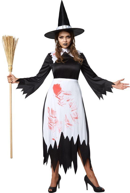Dressforfun Griezelige Heks XL - Kostuum Halloween - Vloerlange jurk met bloed en franjes - Zwart