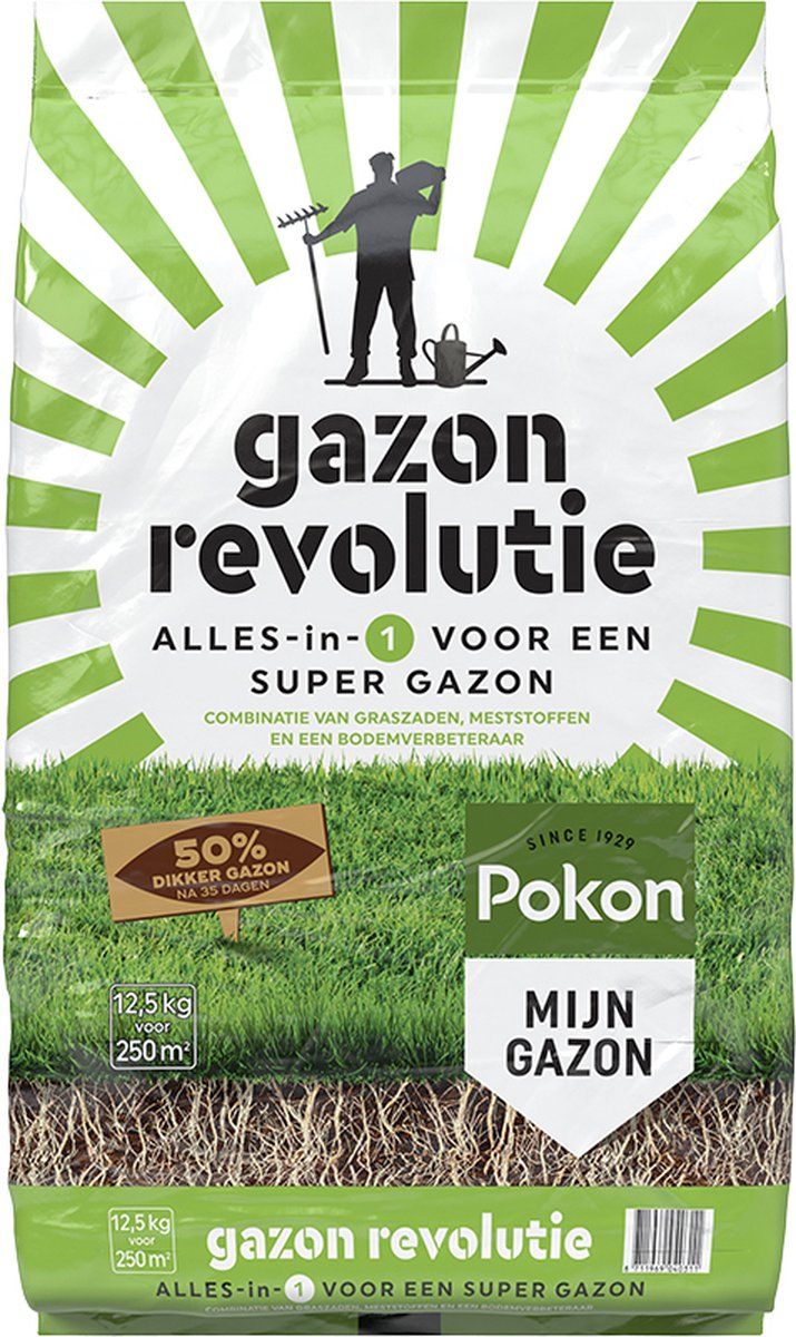 Pokon Gazon Revolutie - 3-in-1 Gazonmest Graszaad Bodemverbeteraar - Geschikt Voor 250m² (12, 5kg)