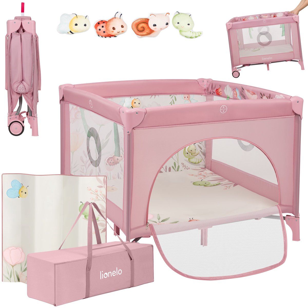 Lionelo Mille Plus - Kinderbox 0-36 Maanden - T25 Schuimmatras Educatief Speelgoed Inklapbaar Mobiel Roze