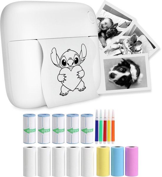 Gatson Mini Printer - Mobiele Fotoprinter - 300DPI - 14 Rollen Papier + 5 Kleurpennen - Wit