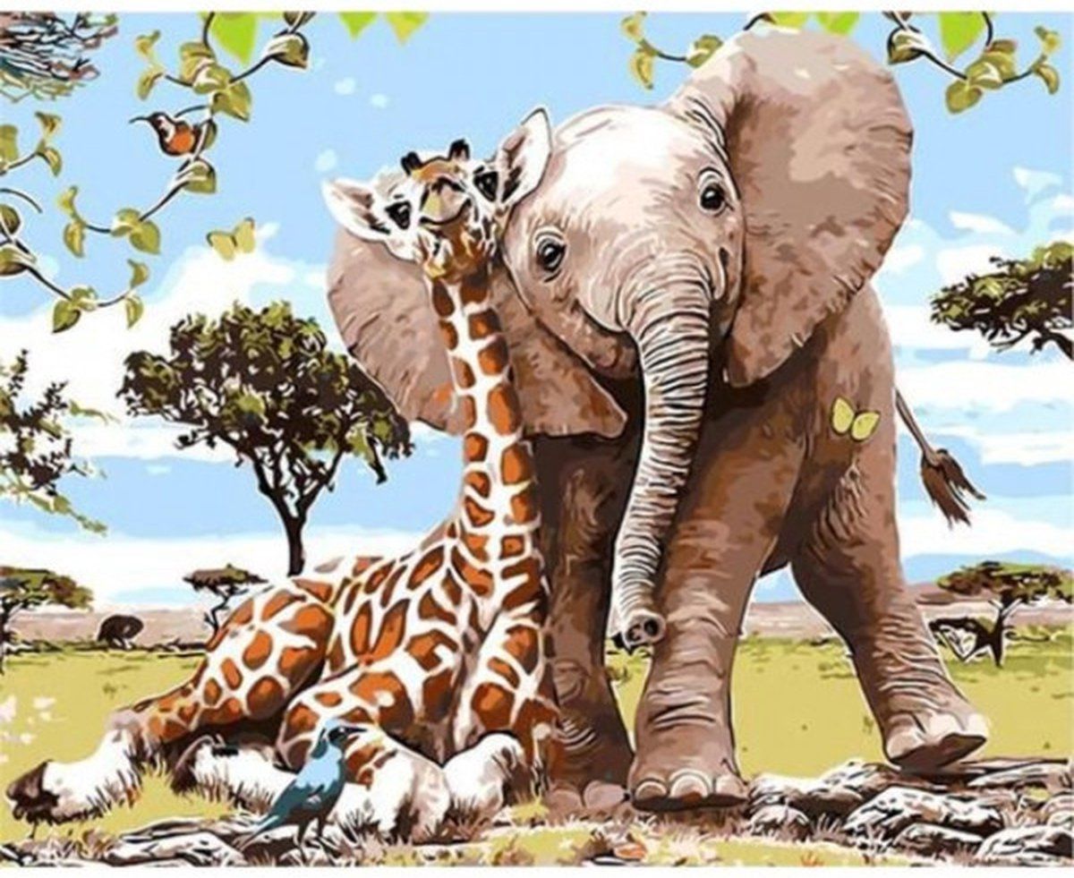 Office Schilderen Op Nummers - Olifant&Giraf - Canvasdoek 40x50cm