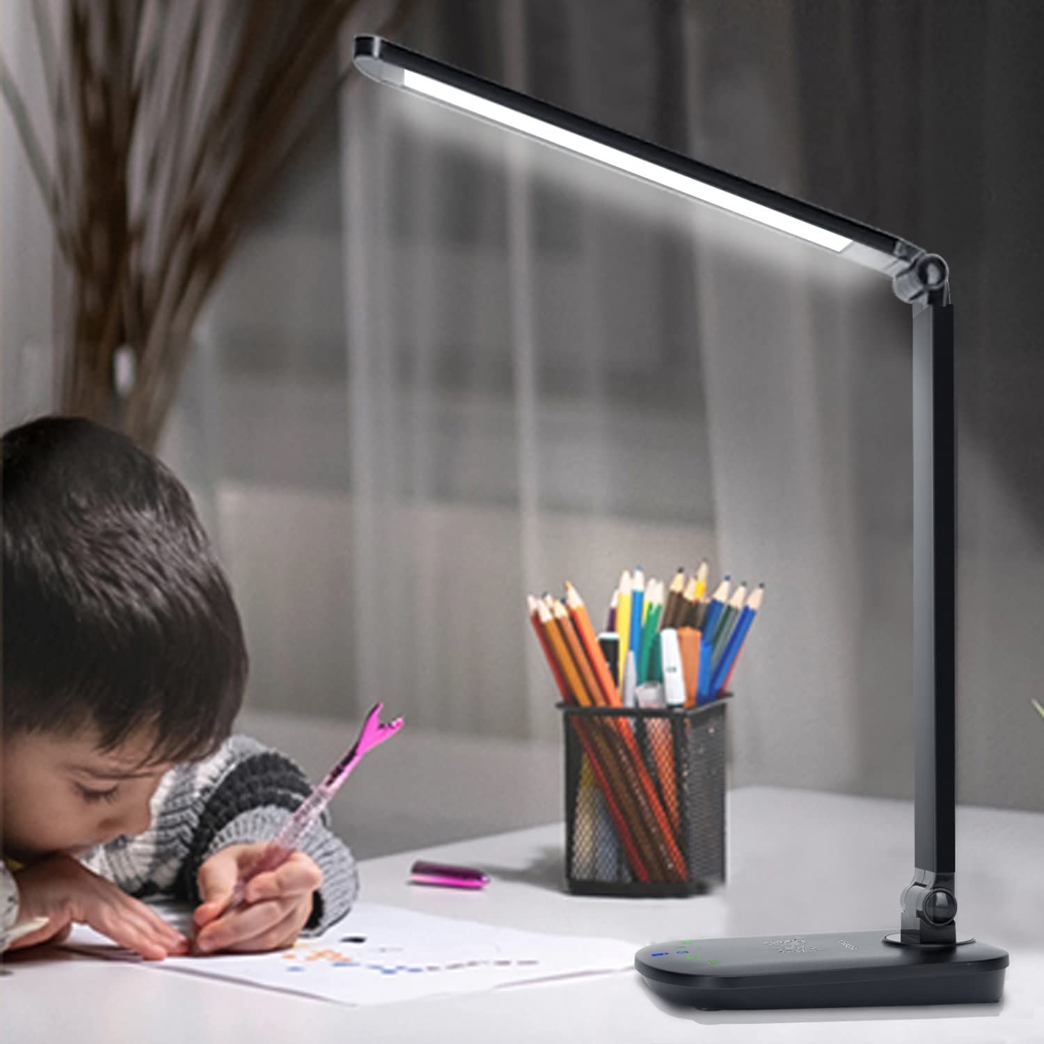 Aigostar 10KZQ - Led Bureaulamp - Dimbaar - Usb En Qi Draadloos Opladen - Zwart