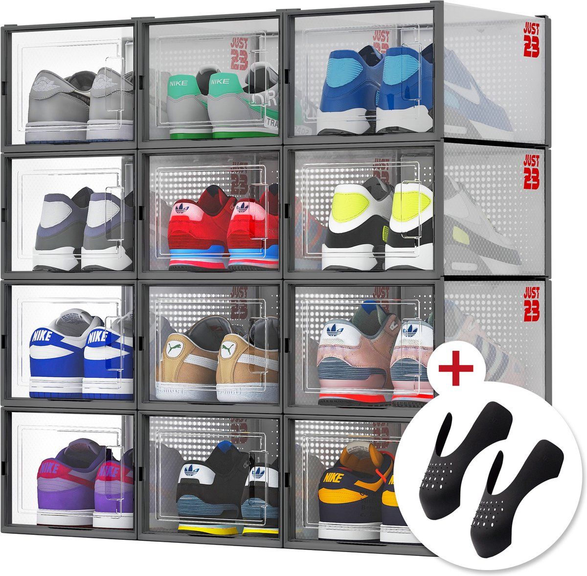 JUST23 - Schoenen opbergsysteem - 12 transparante boxen - Inclusief gratis crease protectors (12 pack)