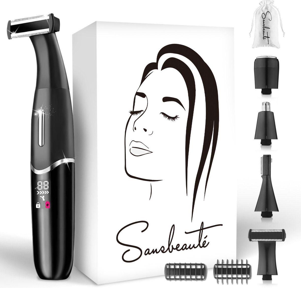 Sansbeauté® 4-in-1 Bikinitrimmer - Gezicht - Oksels - Benen - Bikinilijn - Waterproof - Classic Black - Inclusief Travel Bag