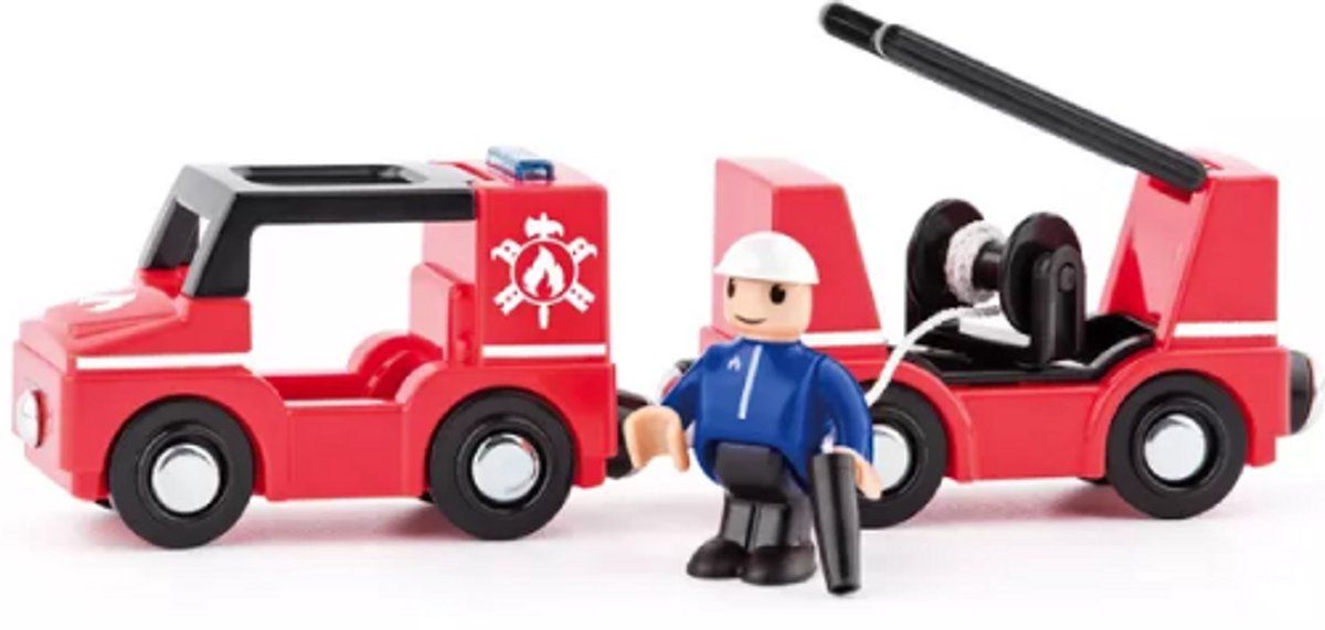 Woody - Autoset - Brandweerwagentrein met figuur en brandslang - Rood