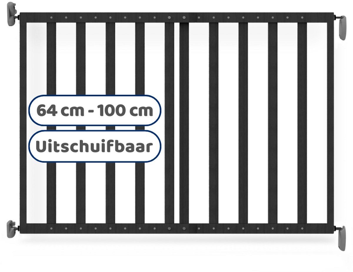 Noma Houten Uitschuifbaar Traphek - Veiligheidshek Met Muurbevestiging - 64 Tot 100 Cm - Zwart