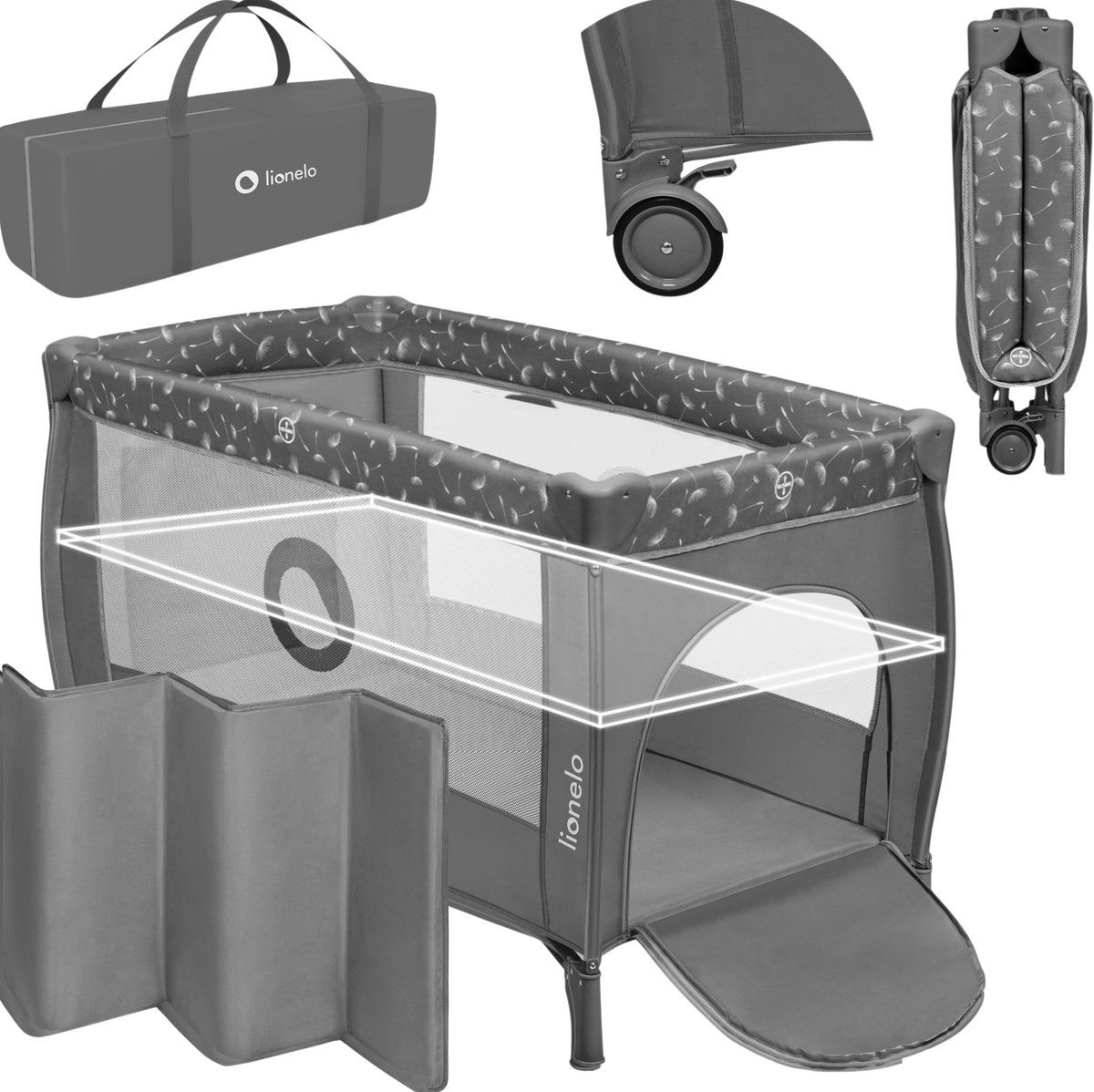 Lionelo Stefi Plus - Campingbedje 4 In 1 - Reisbedje Ledikant Box - Bodemverhoger - Grijs