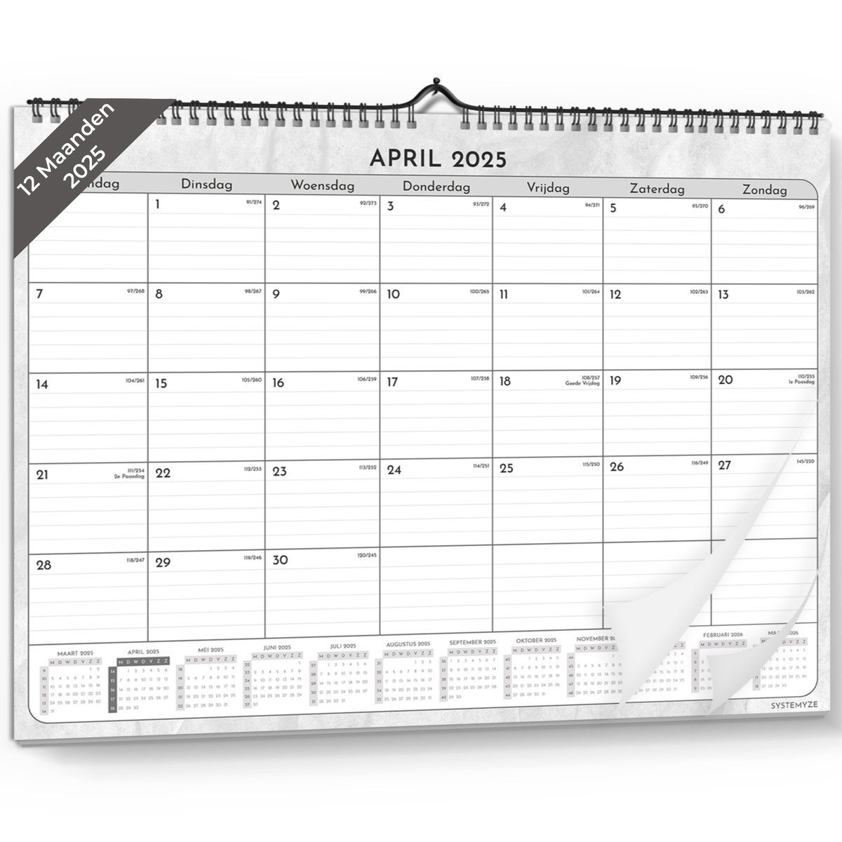 Systemyze S0057 - Wandkalender - 12 Maanden - Ophangbaar - 43 X 33 Cm - Grijs/Wit