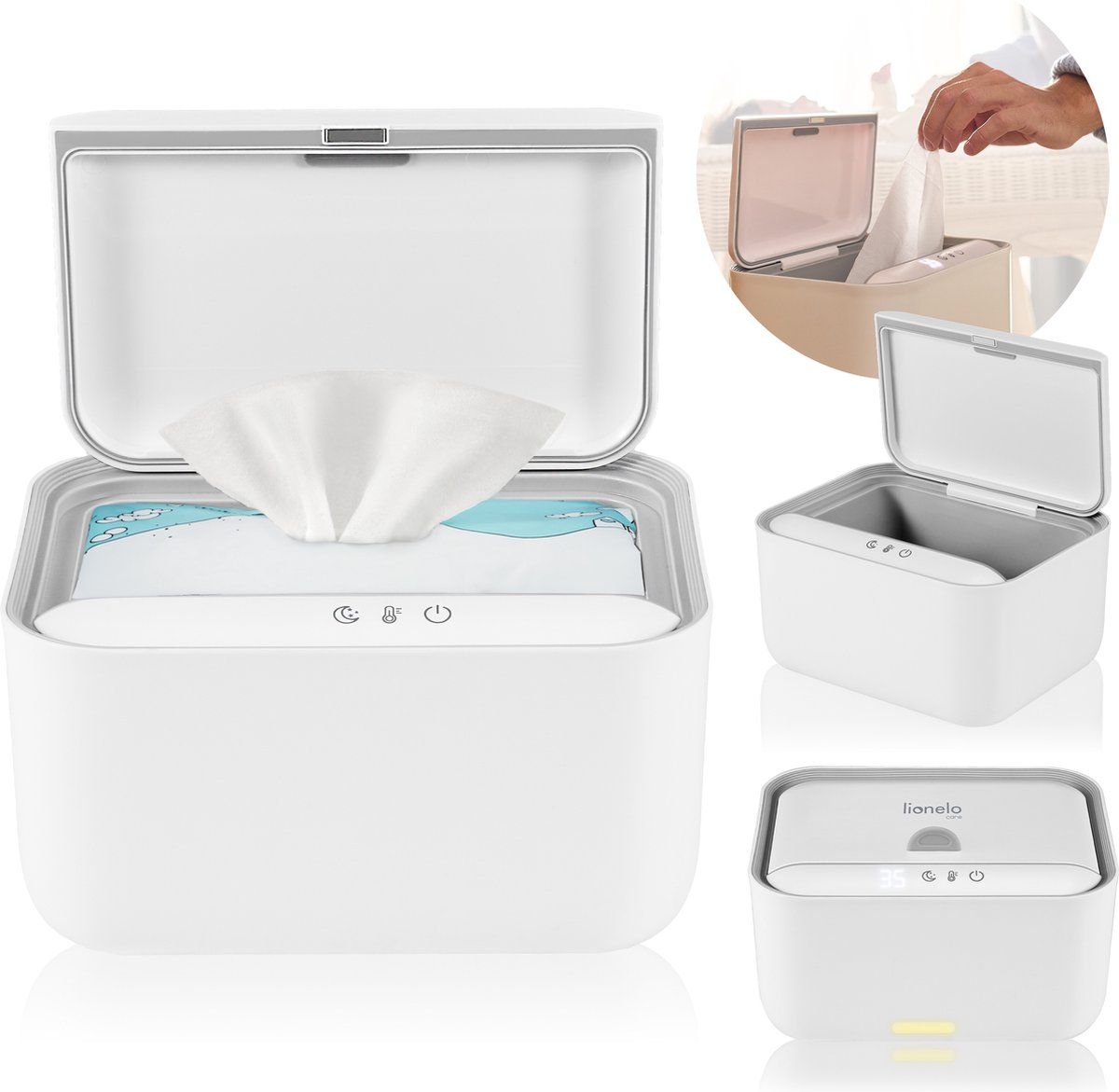 Lionelo BabyBliss - Doekjeswarmer - 3 Temperatuurstanden 35°C 45°C 55°C - Nachtlampje - Eit