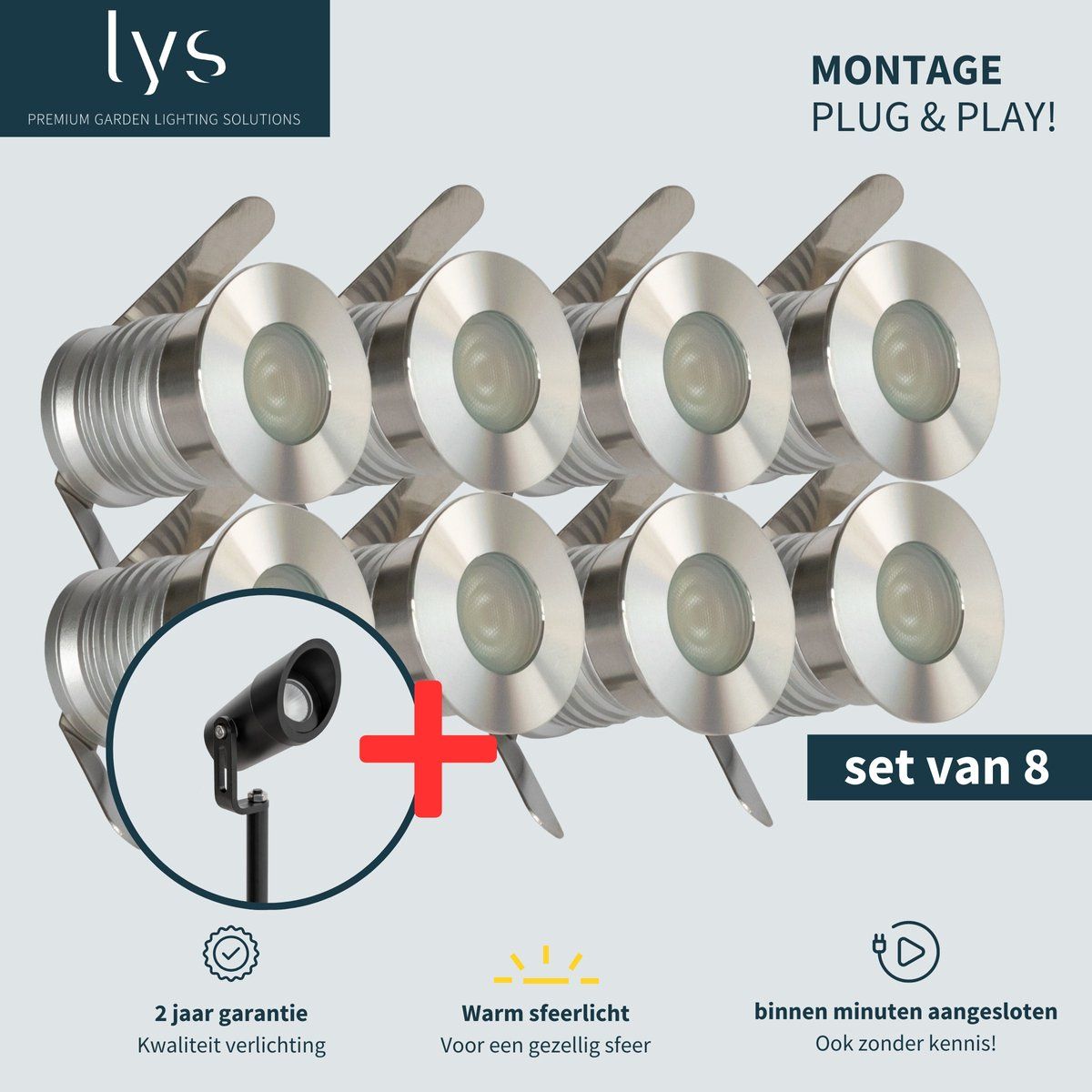 Lyslight Olan Grondspots Complete Set - Tuinverlichting - 8 Aluminium/Rvs Spots - Plug And Play Systeem (8 Stuks)