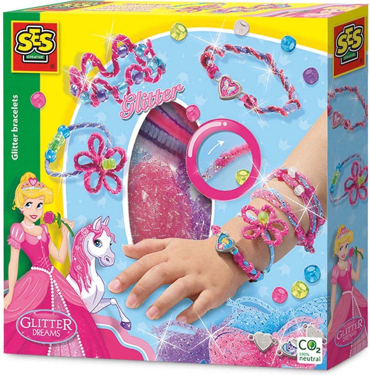 SES - Glitter armbanden - armbandjes maken meisjes - inclusief bedels, kralen, draad en stickers - knutselen meisjes - knutselpakket