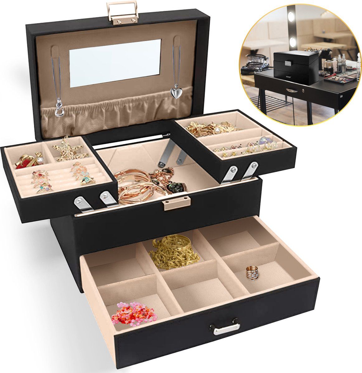 Toivo Sieradendoos - Juwelendoos - 3 lagen 21 compartimenten - Zwart