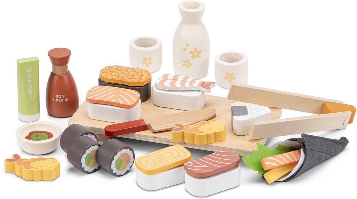 Merkloos Woet® Houten Sushi Speelset - 30-delig Japans Rollenspel Speelgoed - Inclusief Stokjes, Sojasaus En Serveerplank - Fsc Speelgoedeten - Educatief