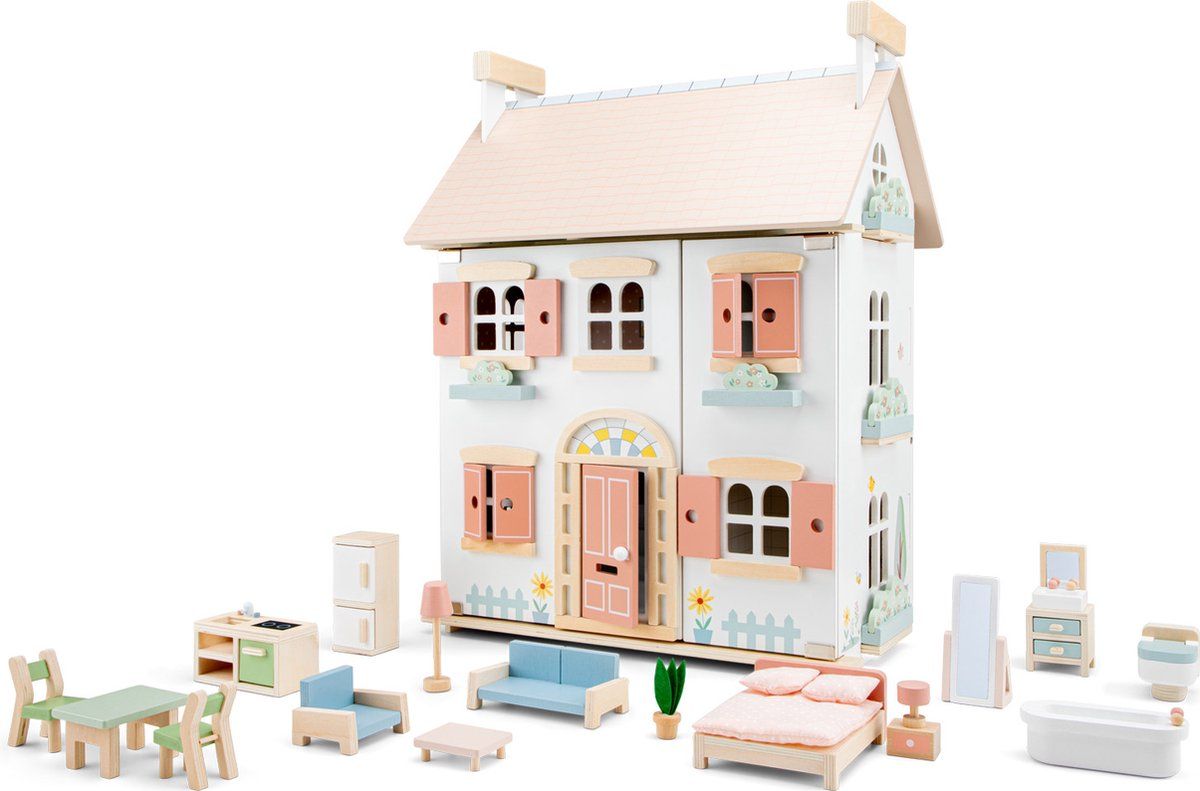 Poppenhuis met meubels - wit/roze