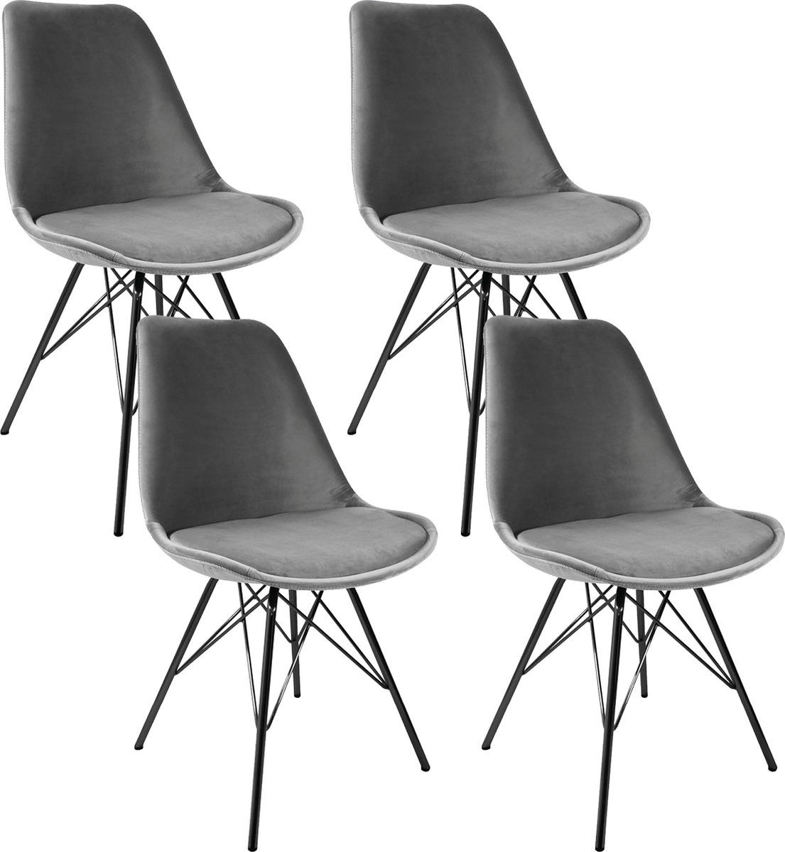 Kick Kuipstoel Velvet Grijs - Zwart Frame - Set Van 4