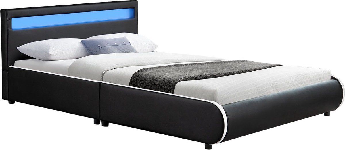 Juskys Sevilla - Gestoffeerd Bed - 140 X 200 Cm - Led Verlichting - Zwart