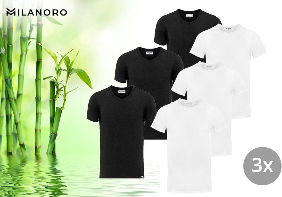 Milanoro - 3-pack bamboe T-shirts - V-hals - Zwart (3 stuks)