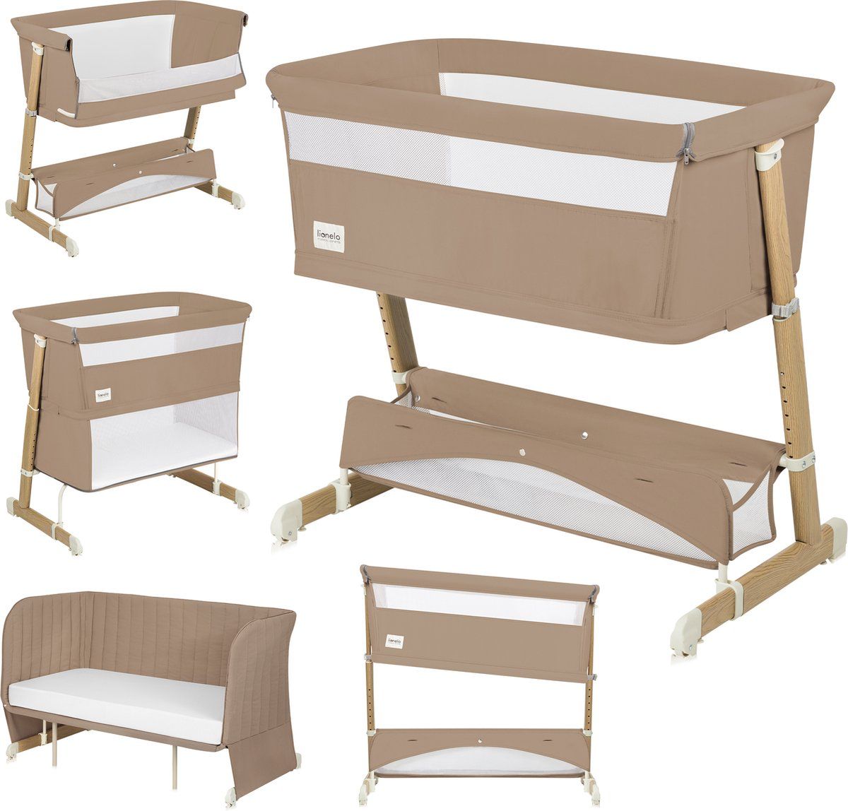 Lionelo Thomi Plus 5in1 - Meegroeibed Co-Sleeper Babybed Peuterbed Bank - 7 Hoogtes 2x Matrassen T25 - Beige Karamel