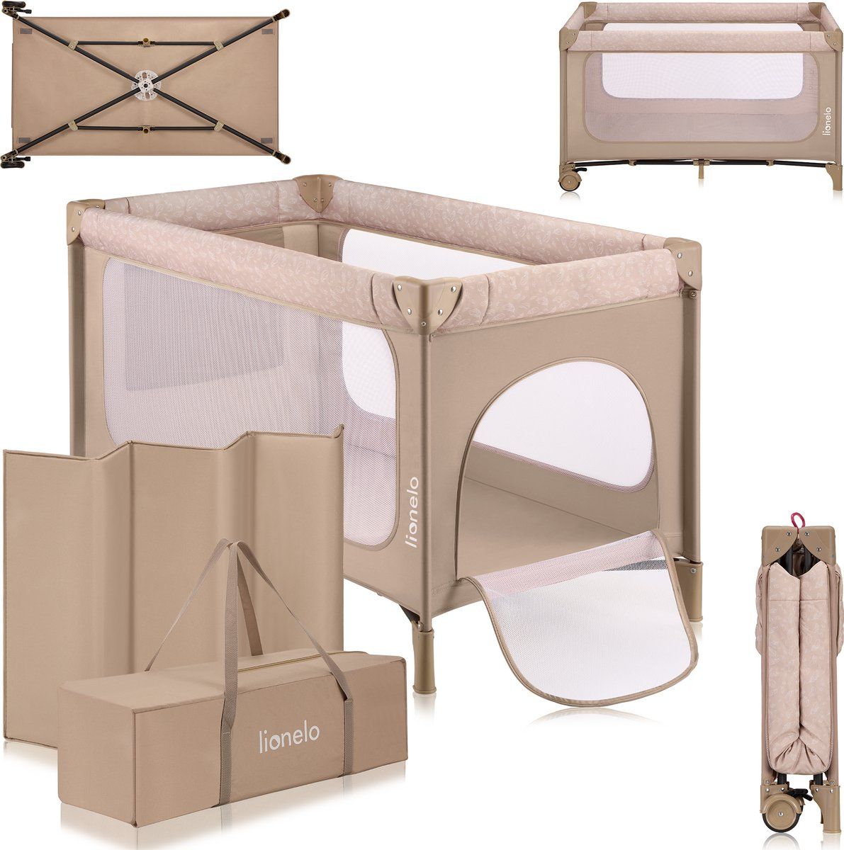 Lionelo Jasmin Easy Fold Reisbedje - Opvouwbaar In Seconden - 2 Hoogtes Matras T25 - Inclusief Reistas - Beige
