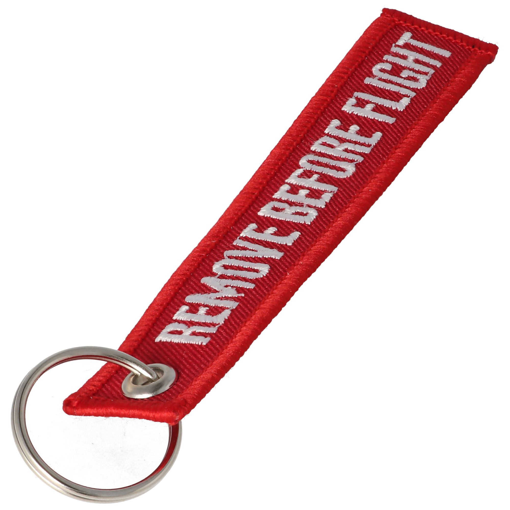 Hanger met opschrift Remove before flight Mini, afmetingen ca. 10,9 x 2,2 cm