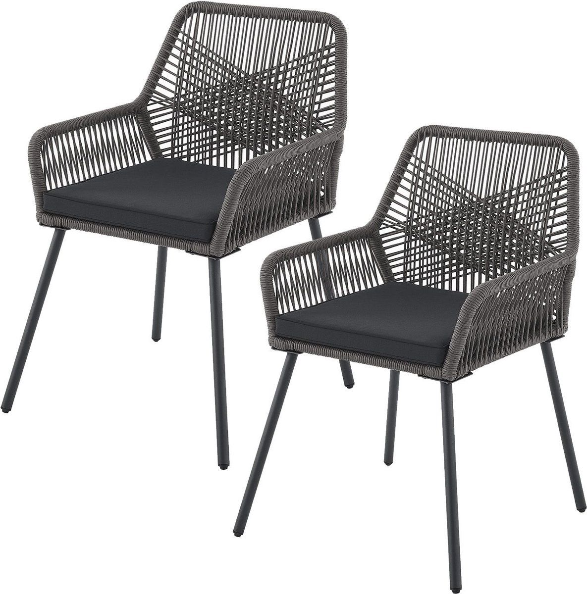 Juskys Kastos - Tuinstoel - Touwgaas Met Zitkussen - Grijs (2 Stuks)