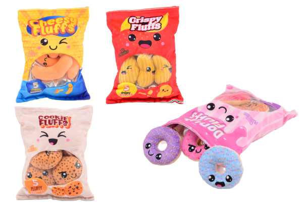 Merkloos Pluche Snack Zakje 4 Ass. 24591(Let Op! Per Stuk!)
